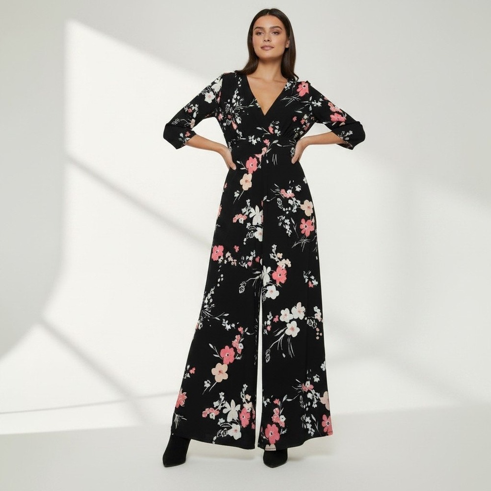 Clara Sunwoo Black Floral Wide Leg Jumpsuit Sz XL 3/4 Sleeve V-Neck Made in USA